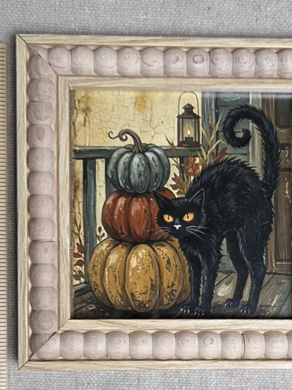 Hand Crafted Beige Framed Halloween Art - Black Cat & Pumpkinhead